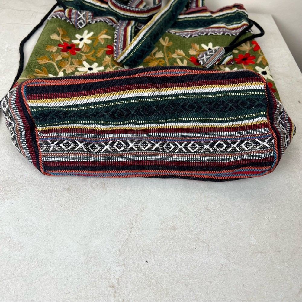 Boho Drawstring Tote Bag Embroidered Flowers Made in Nepal - Picture 4 of 11